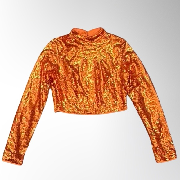 Orange Sequin Long Sleeve Crop Top with back neck button and side zipper - Picture 1 of 9